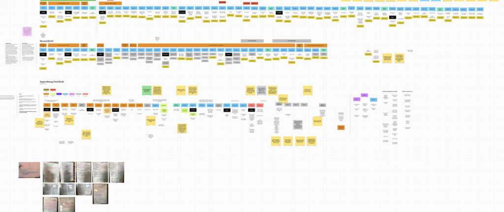 Messy whiteboard showing three early draft timelines and photos.